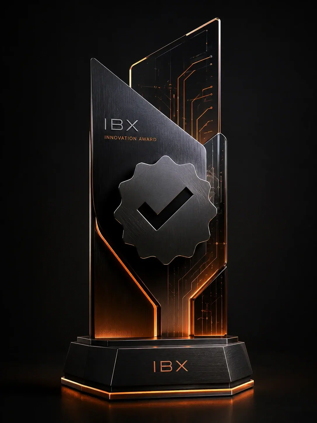 Troféu IBX Innovation Award em acabamento preto com detalhes luminosos alaranjados