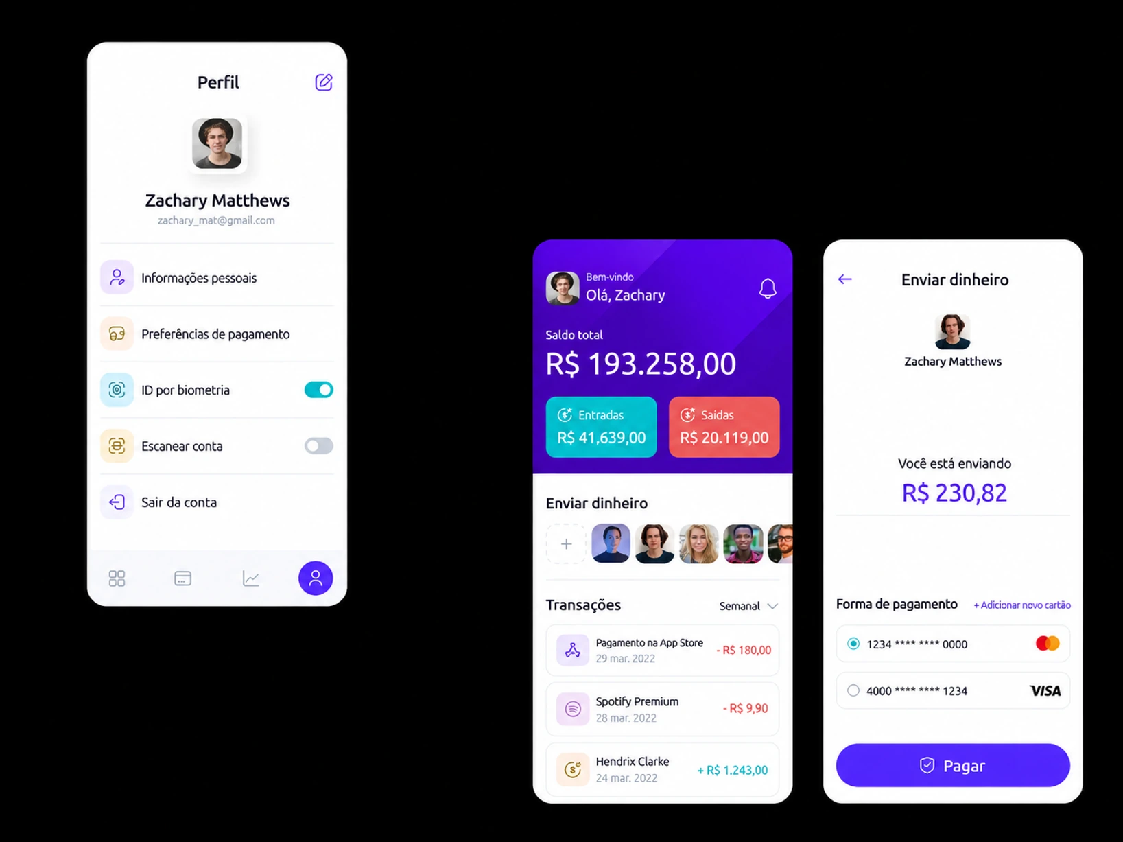Painel financeiro do app Shore